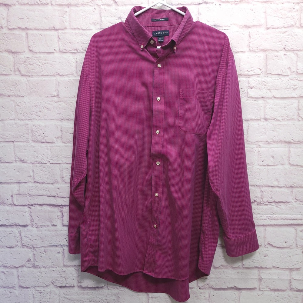 Lands End Button Down‎ Check Dress Shirt Mens 17.5-34 No Iron Y2K Preppy Retro